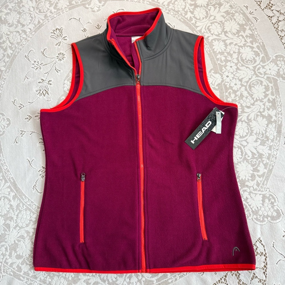HEAD Women's Fleece Full Zip Vest in Plum and Gray with Orange Trim size large